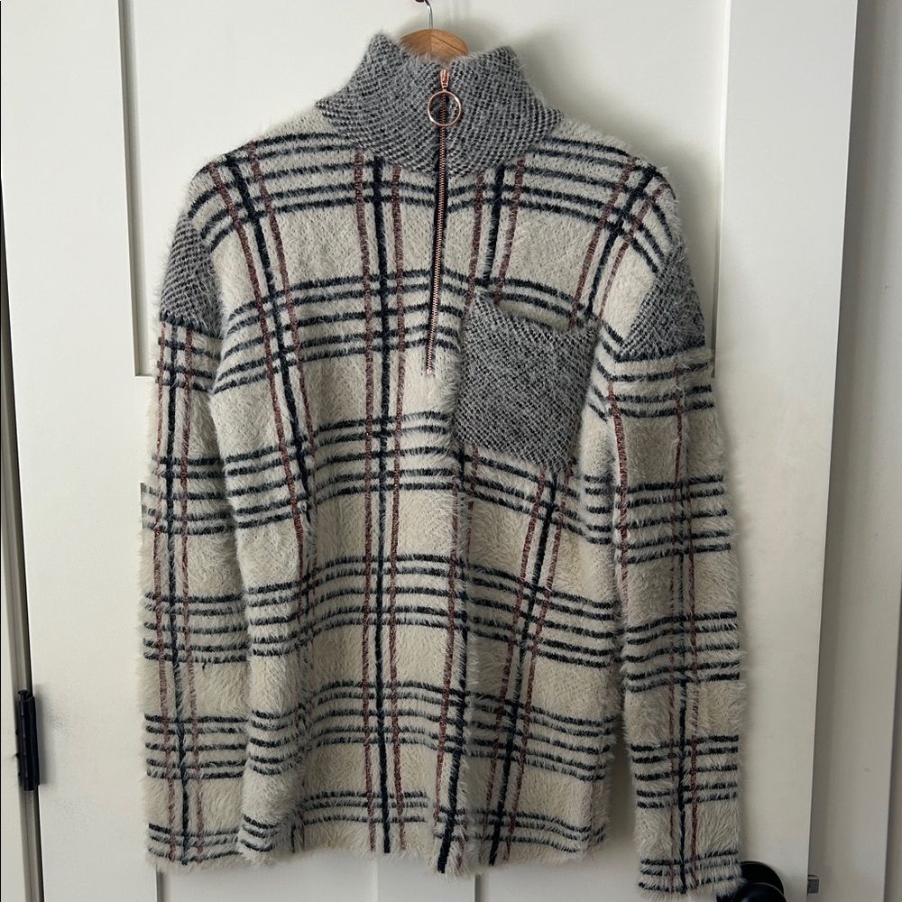 Entro Gray and Cream Plaid Turtleneck Sweater